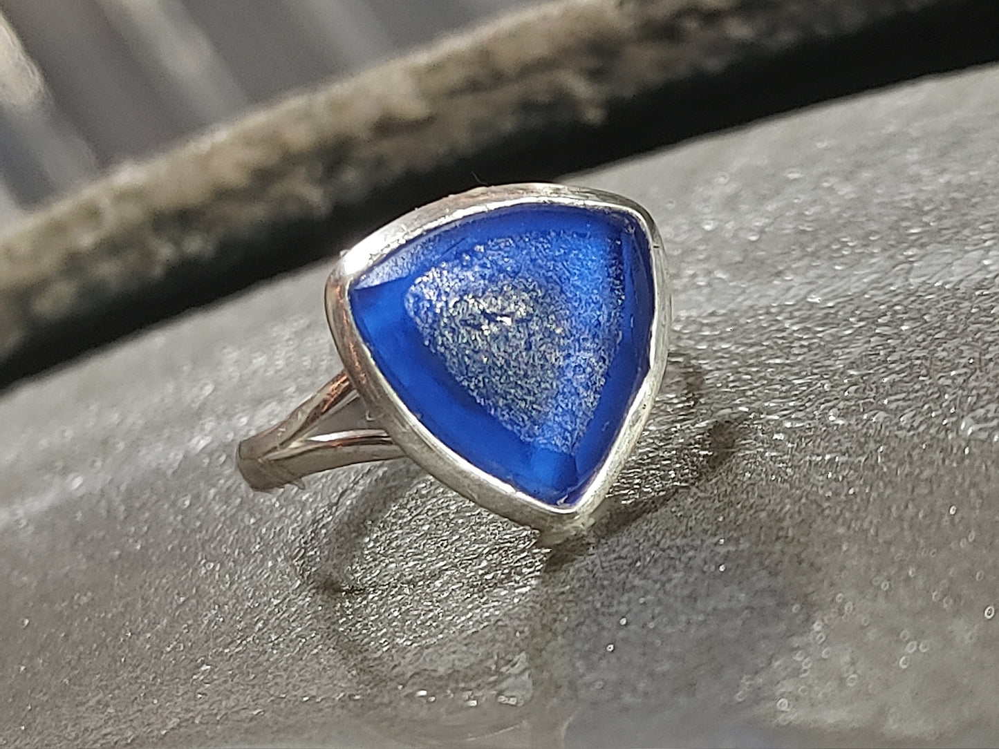 Blue Sea Glass Trillion Ring