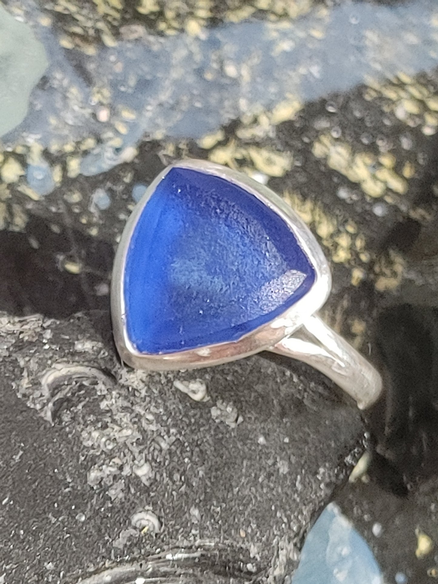 Blue Sea Glass Trillion Ring